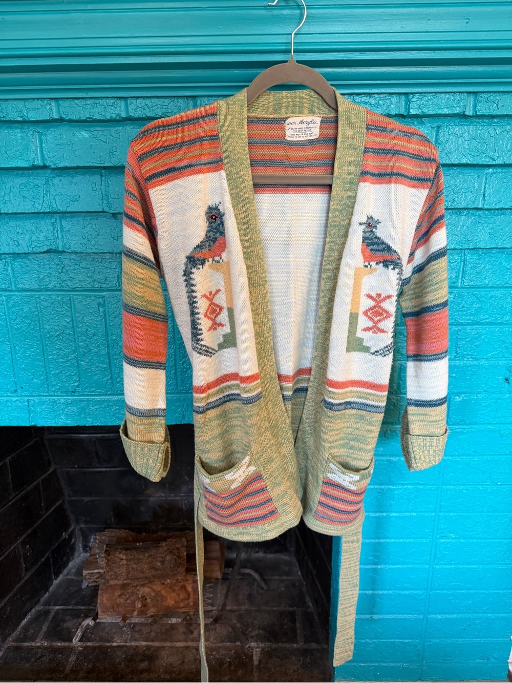 Vintage Southwestern Bird Motif Cardigan - Green, Coral, Cream, Blue